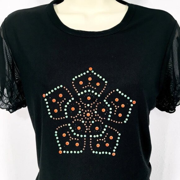 Y2K Rampage Black Mesh Beaded Mandala Top Sz L Puff Sleeve Smock Back WhimsyGoth - Picture 2 of 10